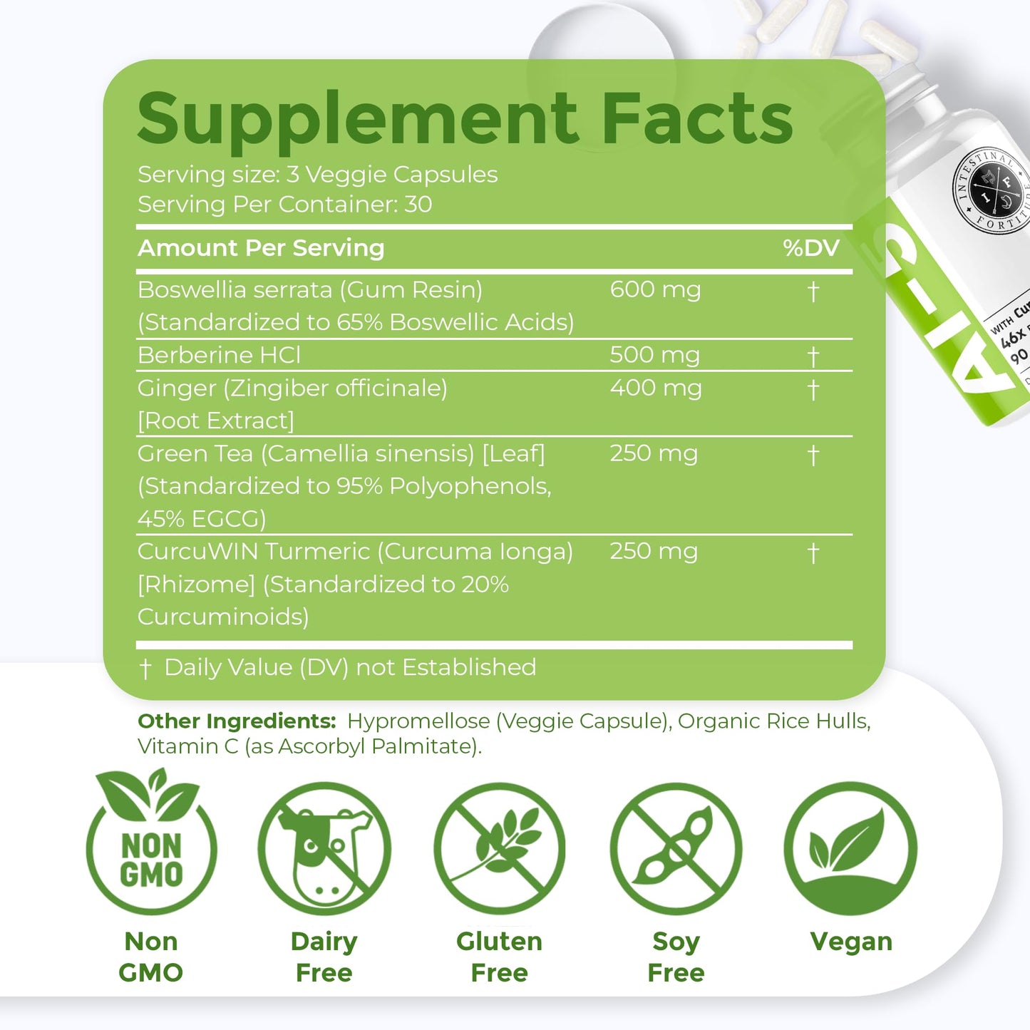 Intestinal Fortitude AI-5 Digestive Capsule with CurcuWIN, Turmeric & Ginger – Gut Support (Non-GMO, Dairy Free)
