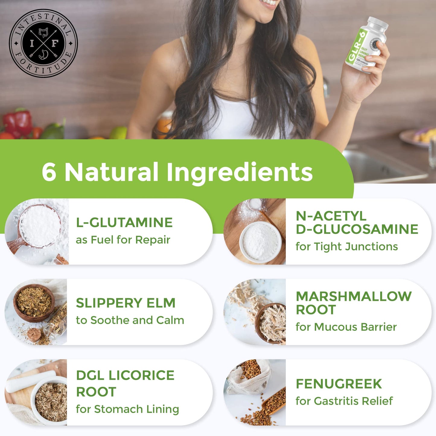 Intestinal Fortitude GLR-6 – Vegan Gut Lining Repair Supplement with L-Glutamine, Slippery Elm, Marshmallow
