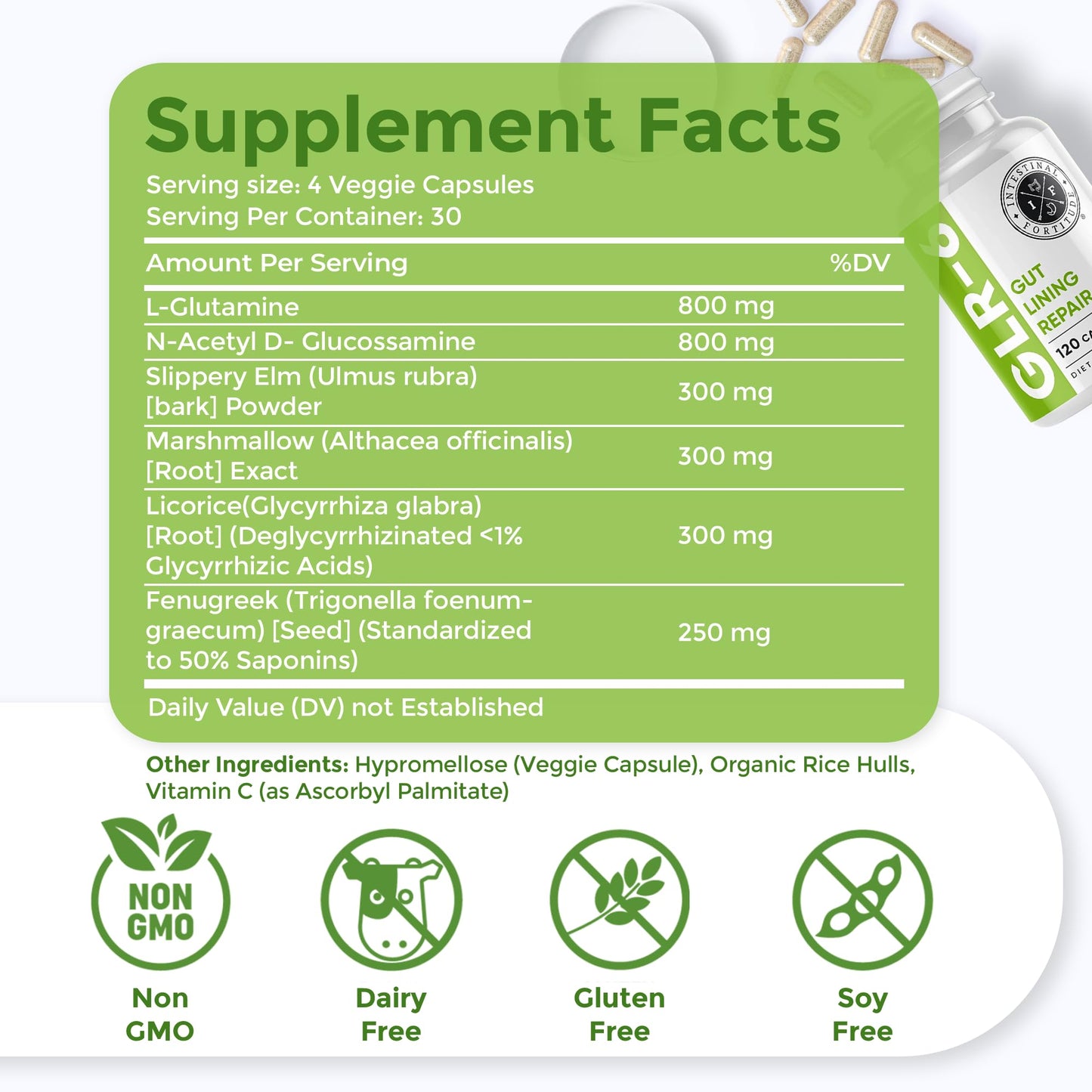 Intestinal Fortitude GLR-6 – Vegan Gut Lining Repair Supplement with L-Glutamine, Slippery Elm, Marshmallow