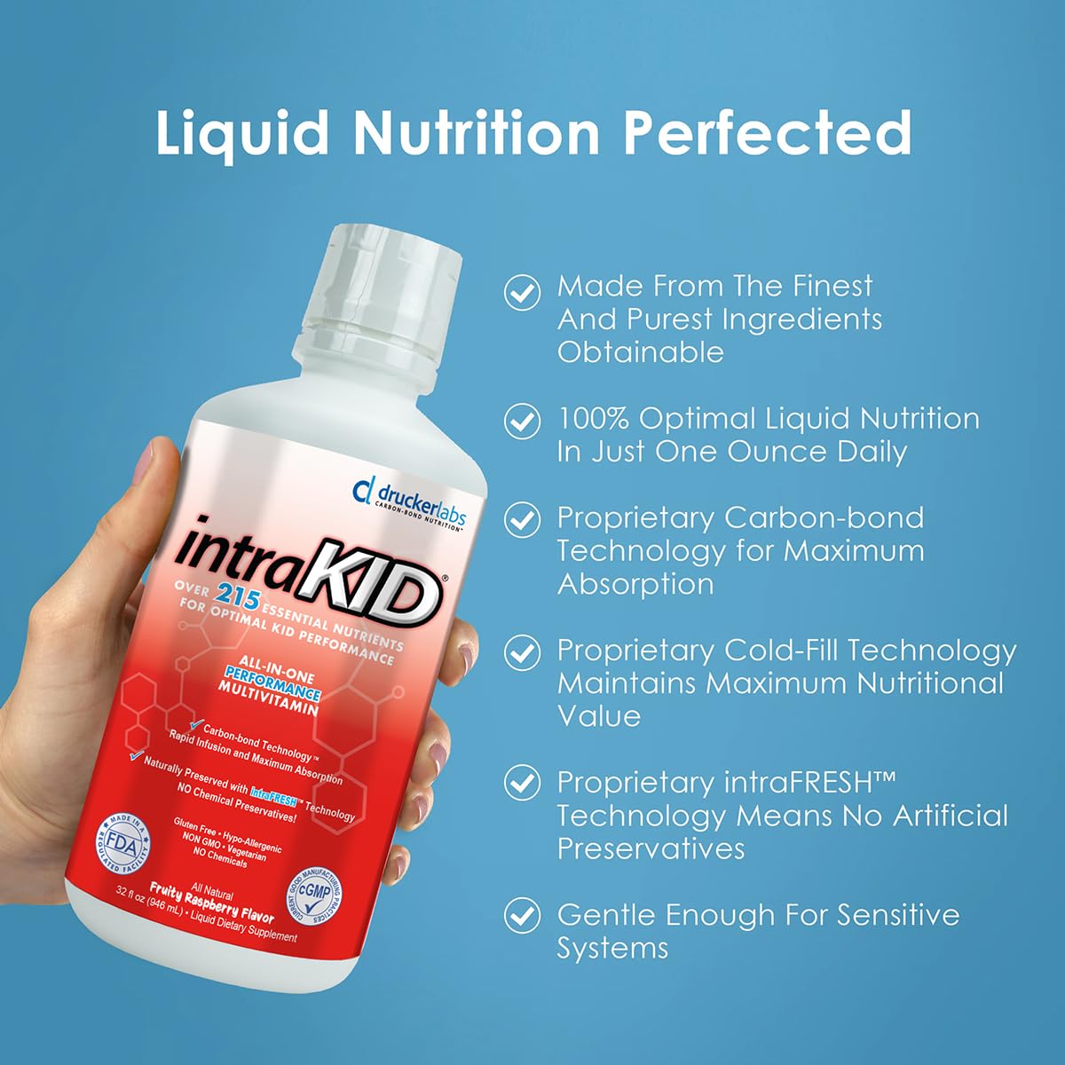 intraKID Drucker Labs Organic Liquid Multivitamin for Kids – Fruity Raspberry, Immune Support, 32 oz