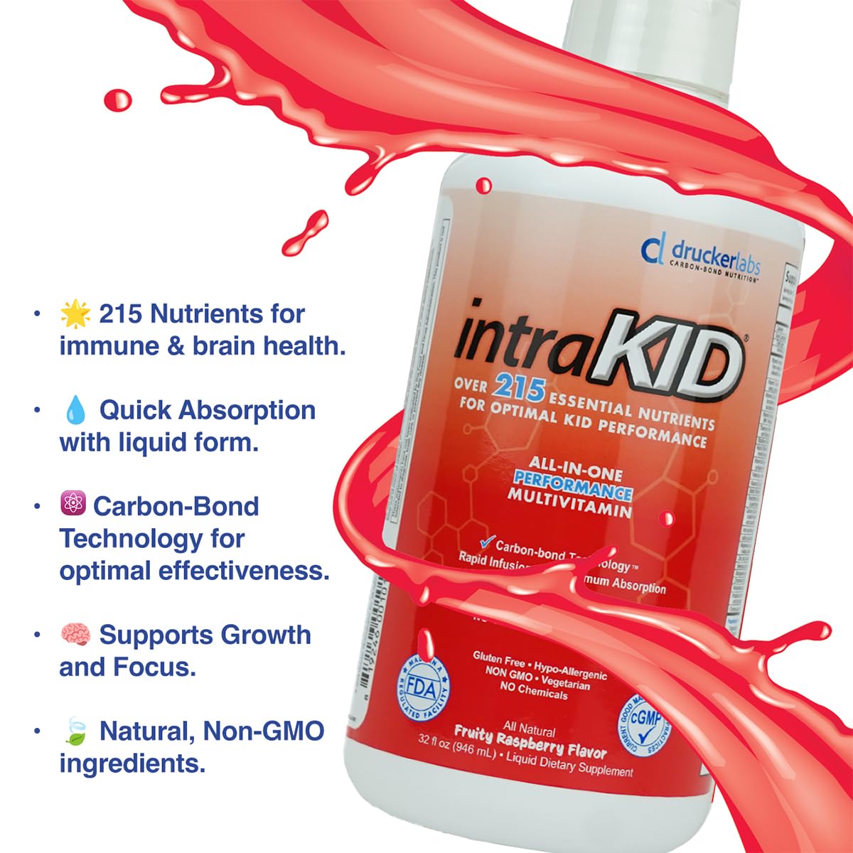 intraKID Drucker Labs Organic Liquid Multivitamin for Kids – Fruity Raspberry, Immune Support, 32 oz