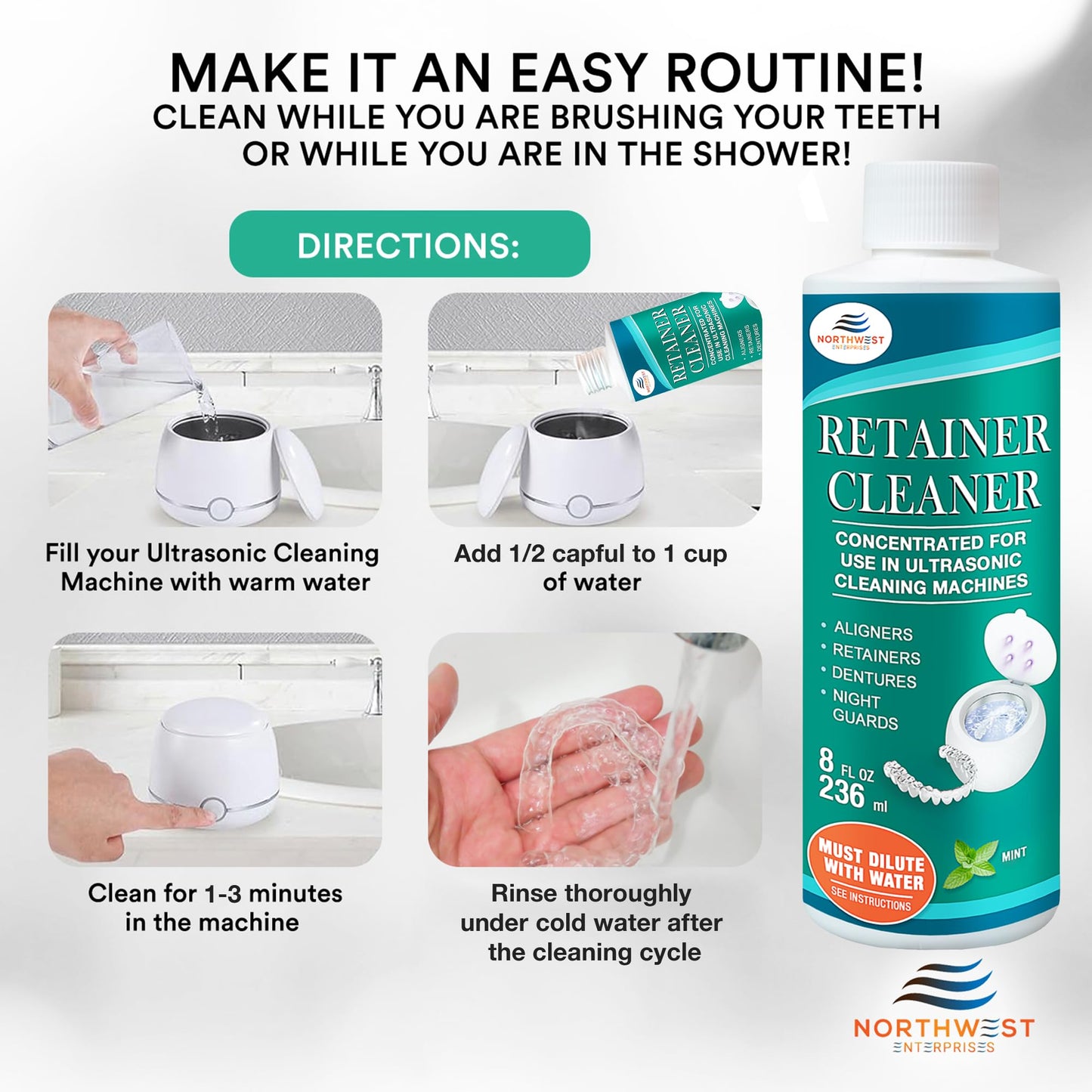 Ultrasonic Retainer Cleaner Solution Concentrate – Mint, 16 oz | Invisalign & Mouthguard Cleaner