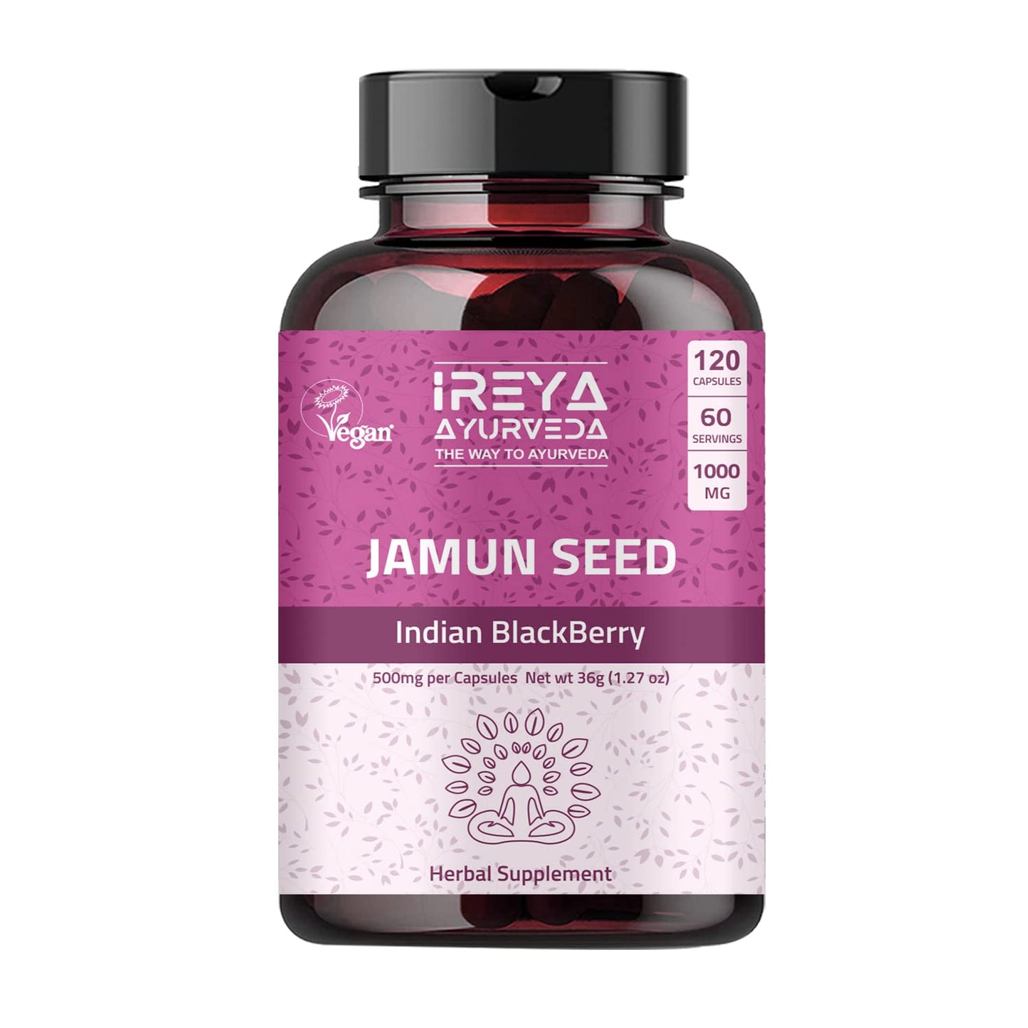 Ireya Ayurveda Jamun Seed 1000mg (120 Capsules) – Organic Indian Blackberry (Eugenia jambolana) – 60-Day Supply