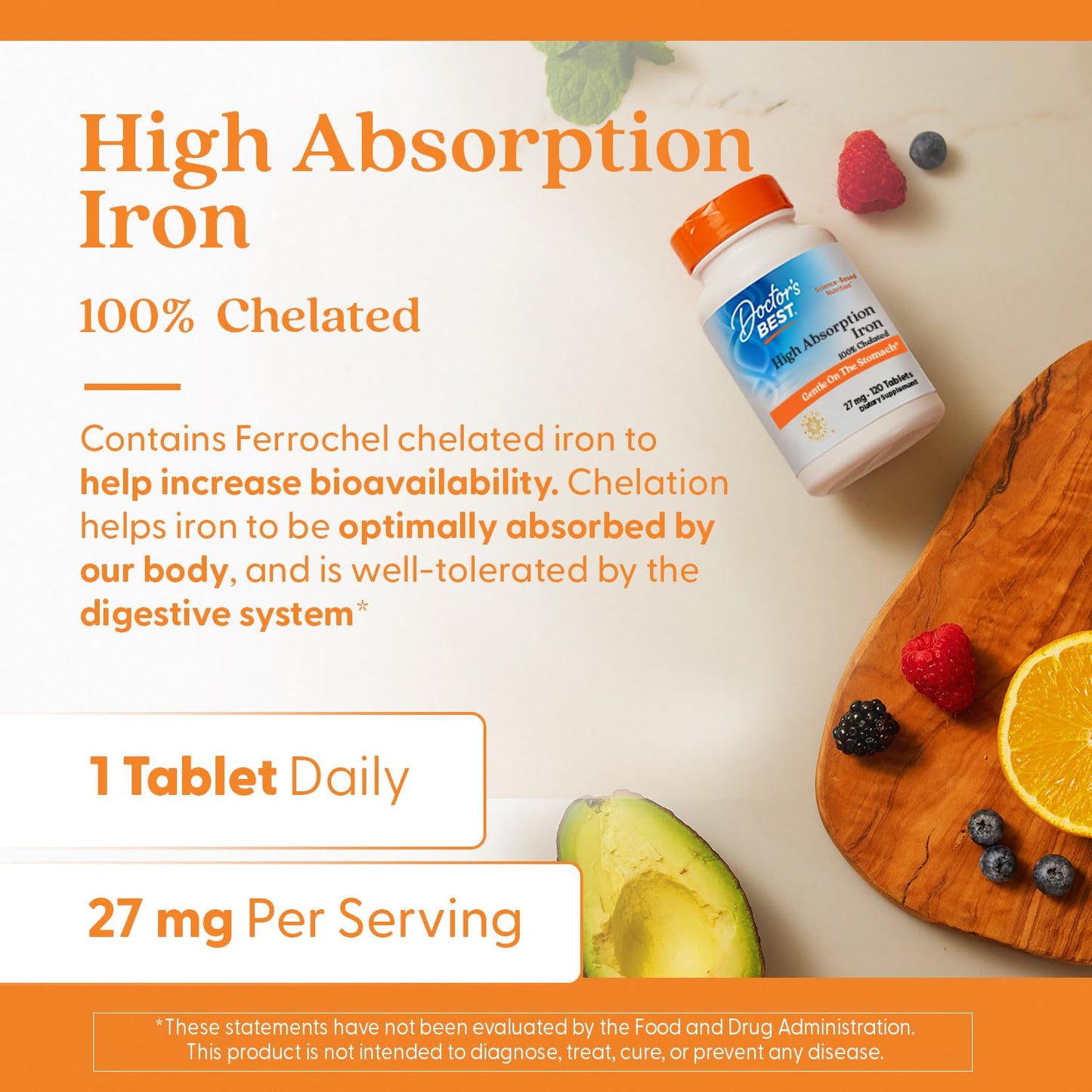 Doctor's Best High Absorption Iron (Ferrochel) 27 mg – Gentle on Stomach | Immune & Blood Health