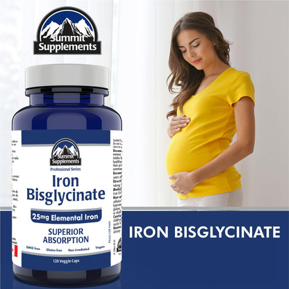 Iron Bisglycinate for Pregnancy – 120 Caps, 25mg Iron – Made in Canada