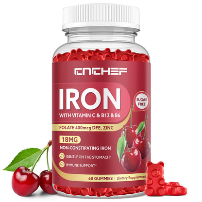 Iron Gummies for Adults & Kids – Cherry Flavor, Ferrous Bisglycinate