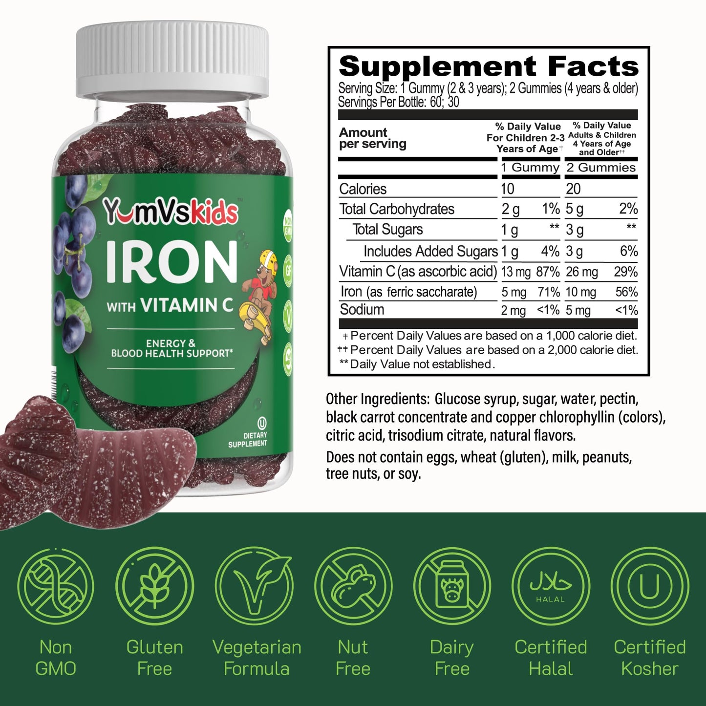 Iron Supplement for Kids – 5 mg Iron Gummies with Vitamin C | Grape Flavor
