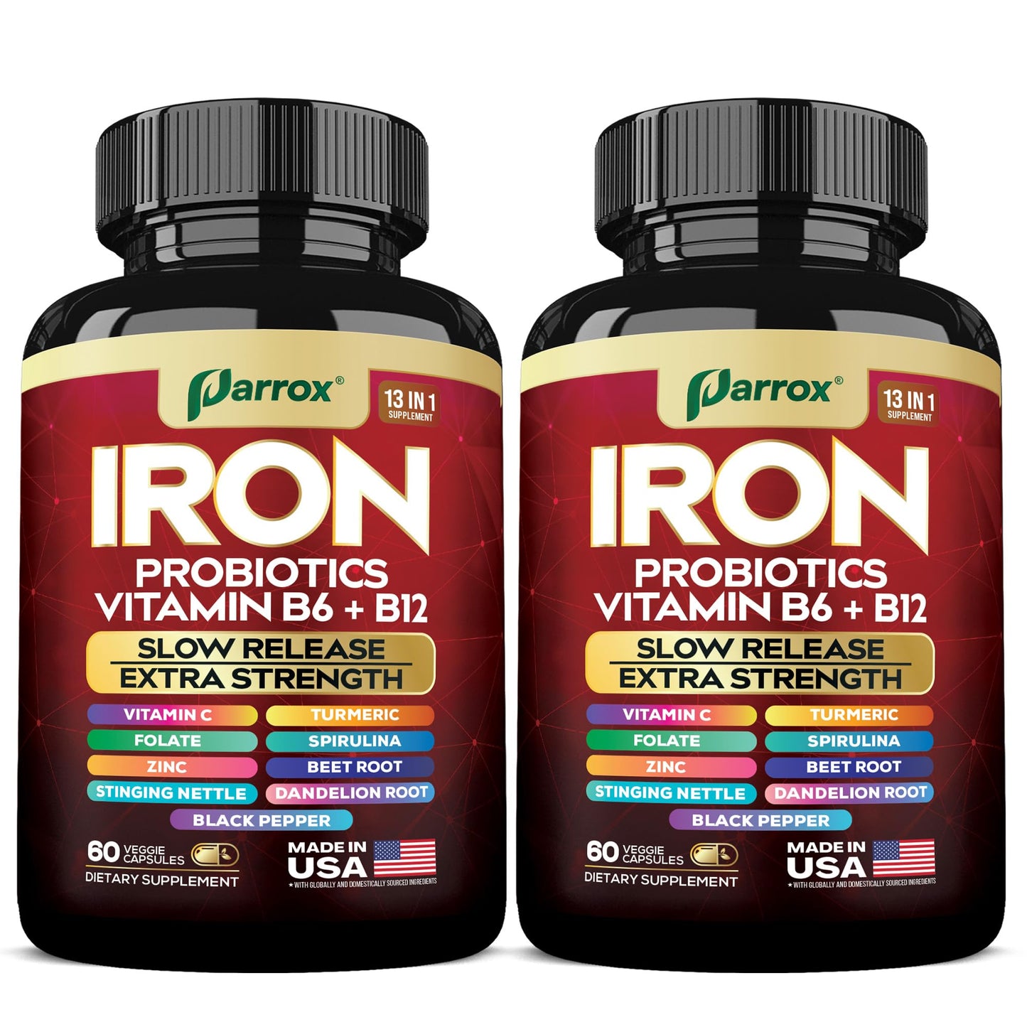 Parrox Elemental-Iron: Slow-Release Iron with Probiotics, Beetroot, Turmeric & B Vitamins – 2 Pack, 60 Capsules Each