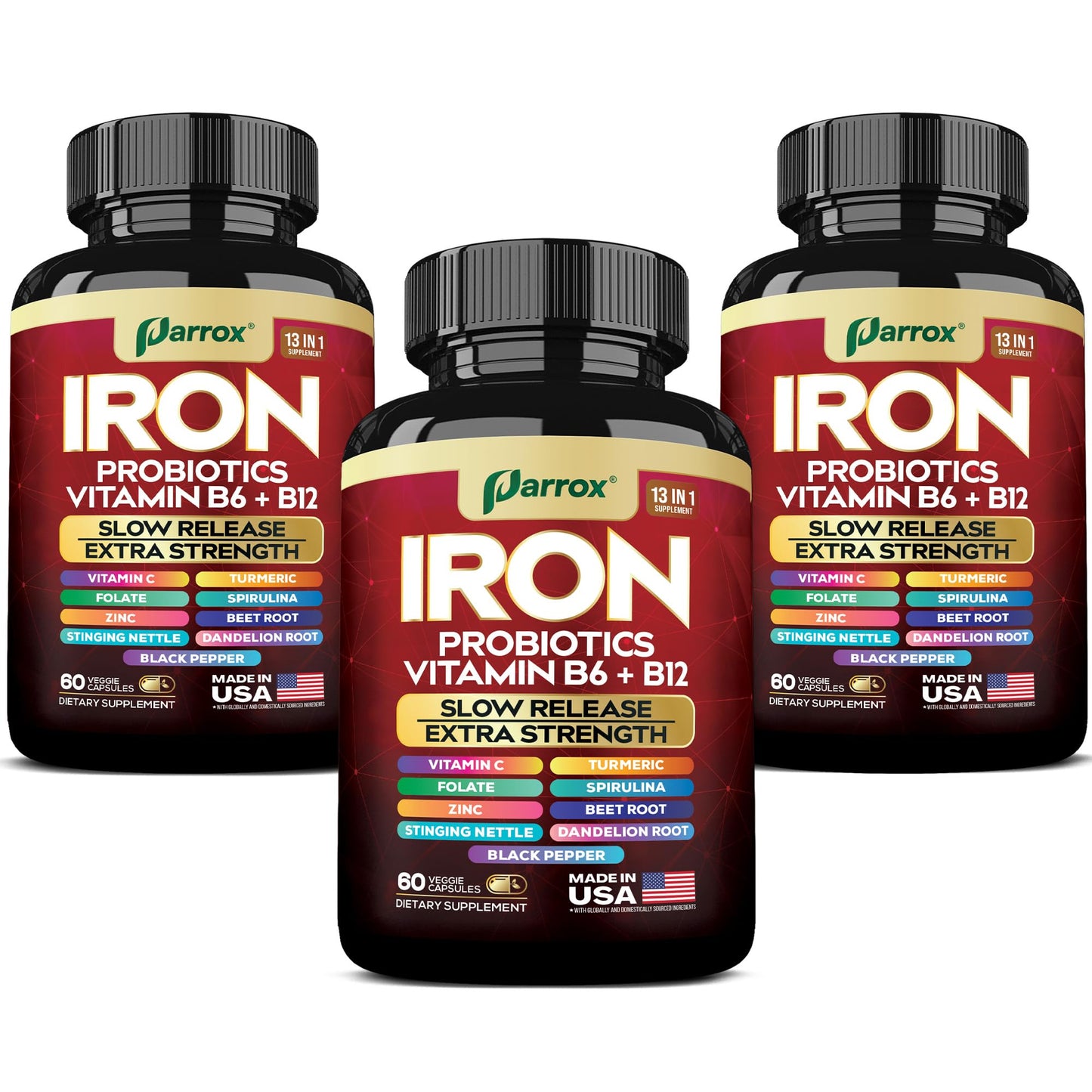 Parrox Elemental Iron 13-in-1 – Slow-Release Iron, Probiotics, B Vitamins, Beetroot & Turmeric (3-Pack, 60 Capsules)