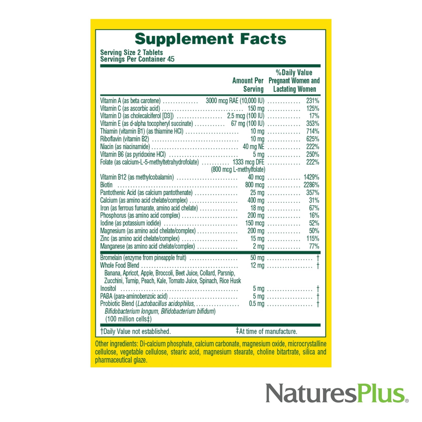 Natures Plus Source of Life Prenatal – 800 mcg Folate, 90 Vegetarian Tablets (Gluten-Free)