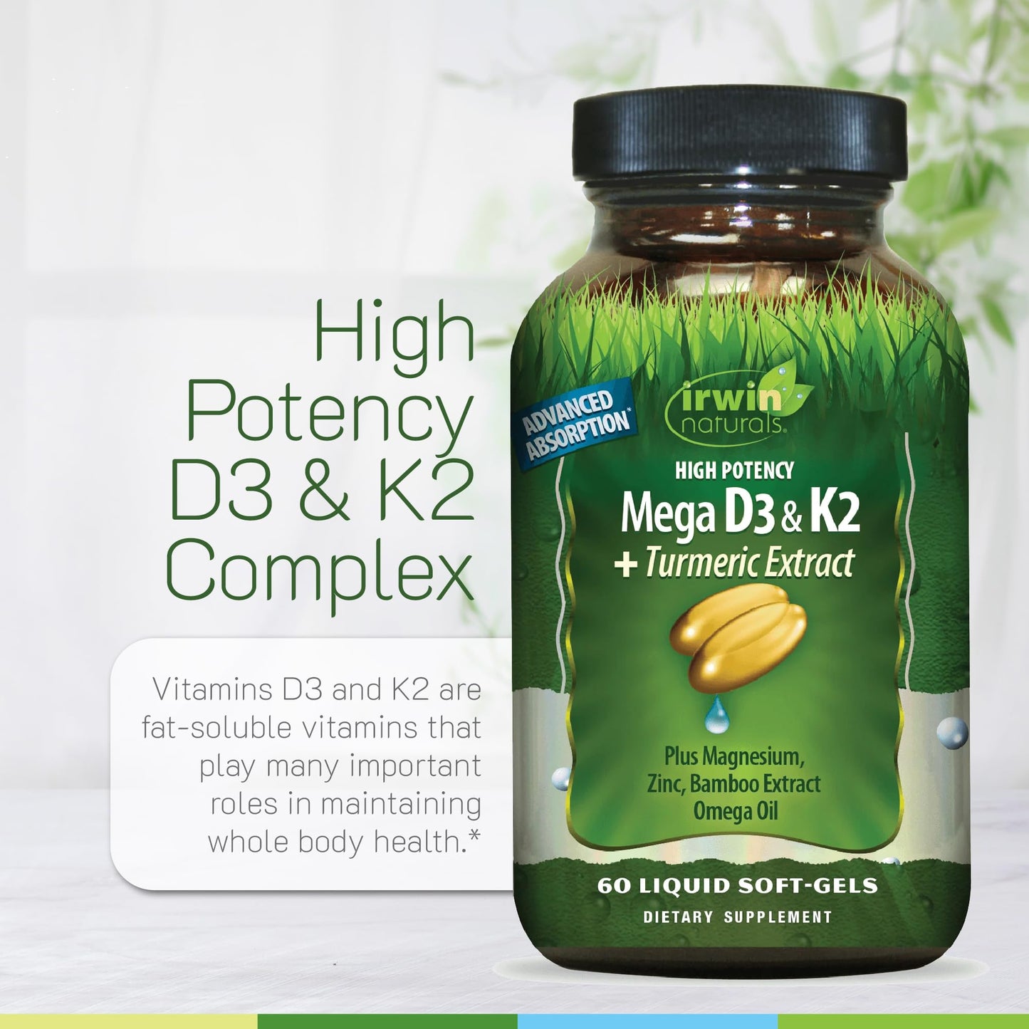Irwin Naturals High Potency Mega D3 & K2 + Turmeric Extract – 60 Liquid Soft-Gels (Pack of 3) | 90 Total Servings