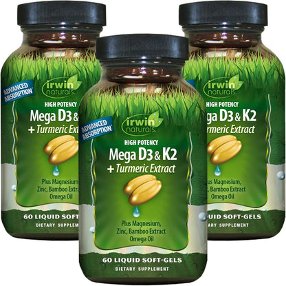 Irwin Naturals High Potency Mega D3 & K2 + Turmeric Extract – 60 Liquid Soft-Gels (Pack of 3) | 90 Total Servings