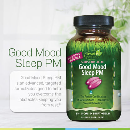 Irwin Naturals Good Mood Sleep PM – 54 Liquid Soft-Gels (Pack of 2) with Melatonin & L-Theanine for Rest & Relaxation | 36 Total Servings