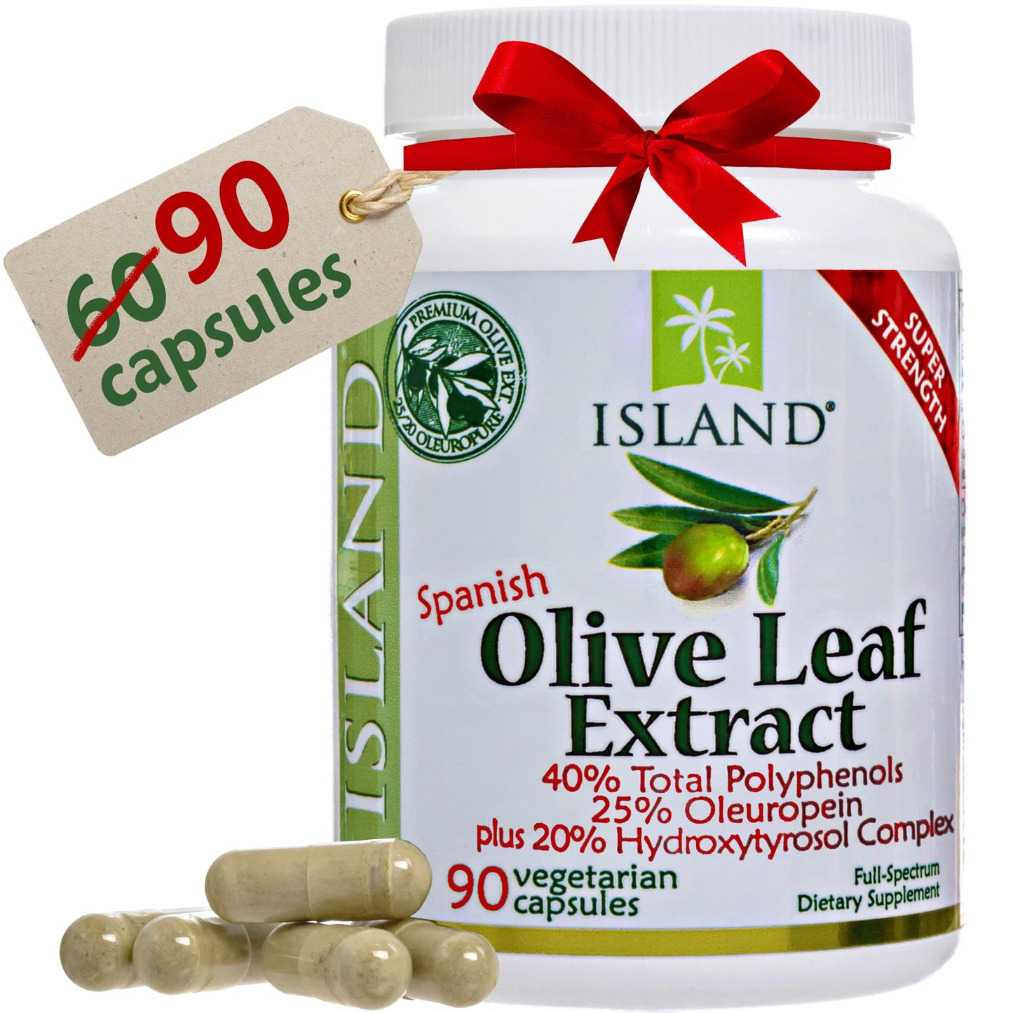 Island Nutrition Olive Leaf Extract Capsules – 25% Oleuropein, 40% Polyphenols, 20% Hydroxytyrosol Complex – 90 Capsules, Spain-Grown