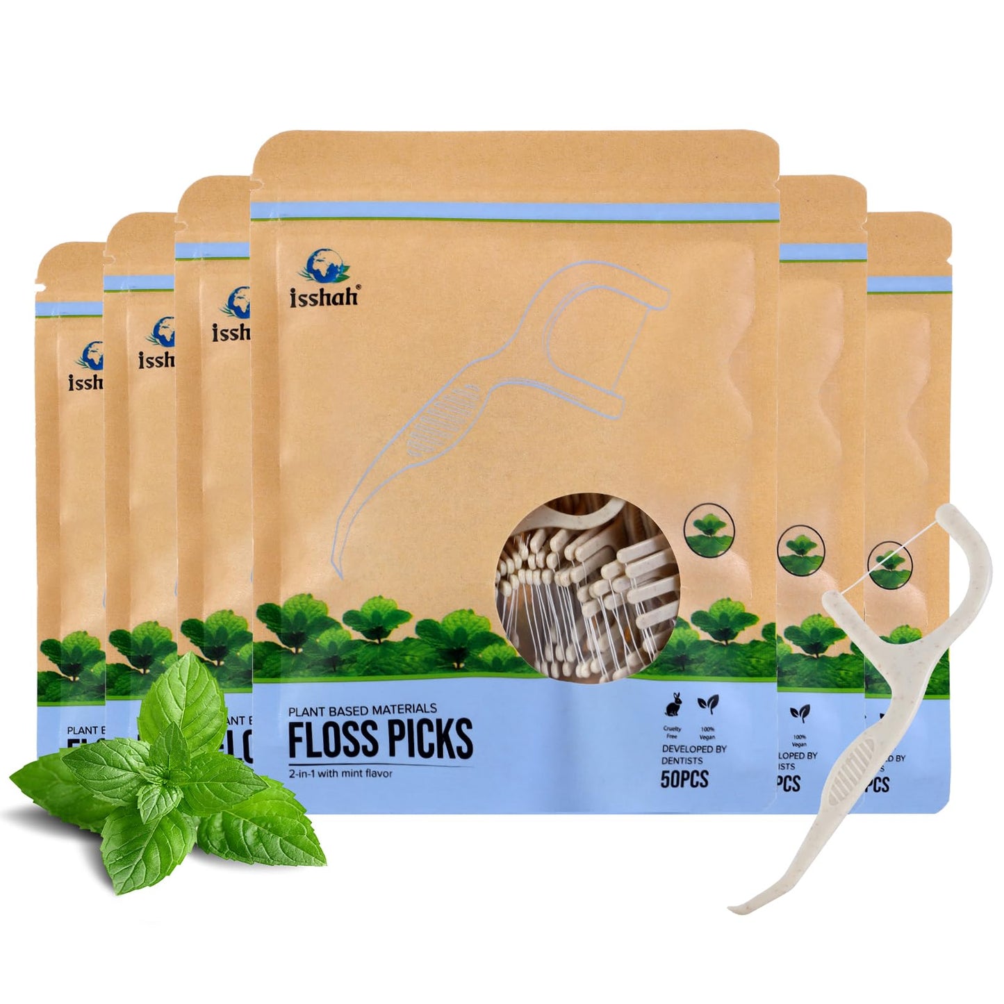 Isshah Floss Picks 300 Count - Plant-Based Mint Floss for Gum Health