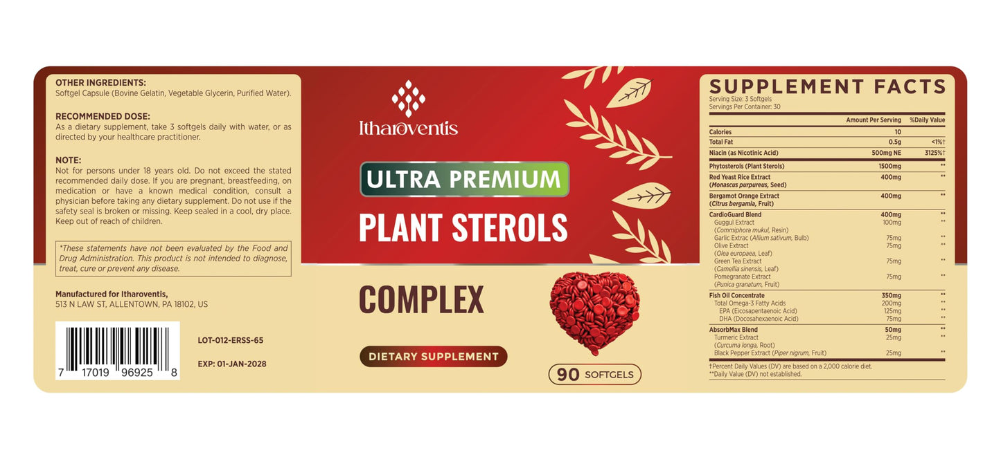 Itharoventis Cholesterol Supplements with Plant Sterols, Niacin, Red Yeast Rice, Bergamot, Omega-3 & Garlic – Advanced Absorption Formula – 180 Softgels