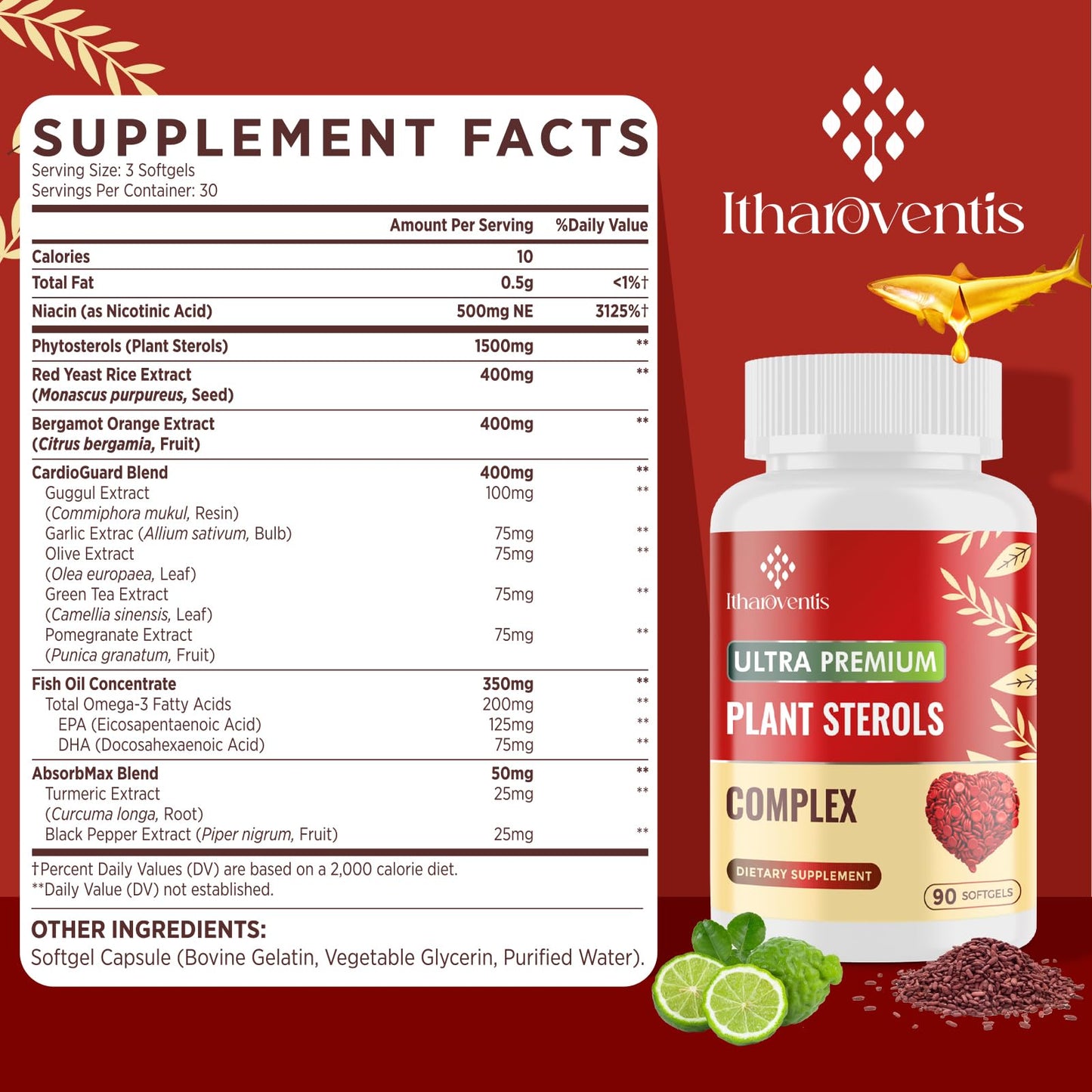 Itharoventis Cholesterol Supplements with Plant Sterols, Niacin, Red Yeast Rice, Bergamot, Omega-3 & Garlic – Advanced Absorption Formula – 180 Softgels