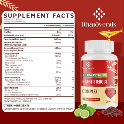 Itharoventis Cholesterol Supplements with Plant Sterols, Niacin, Red Yeast Rice, Bergamot, Omega-3 & Garlic – Advanced Absorption Formula – 180 Softgels