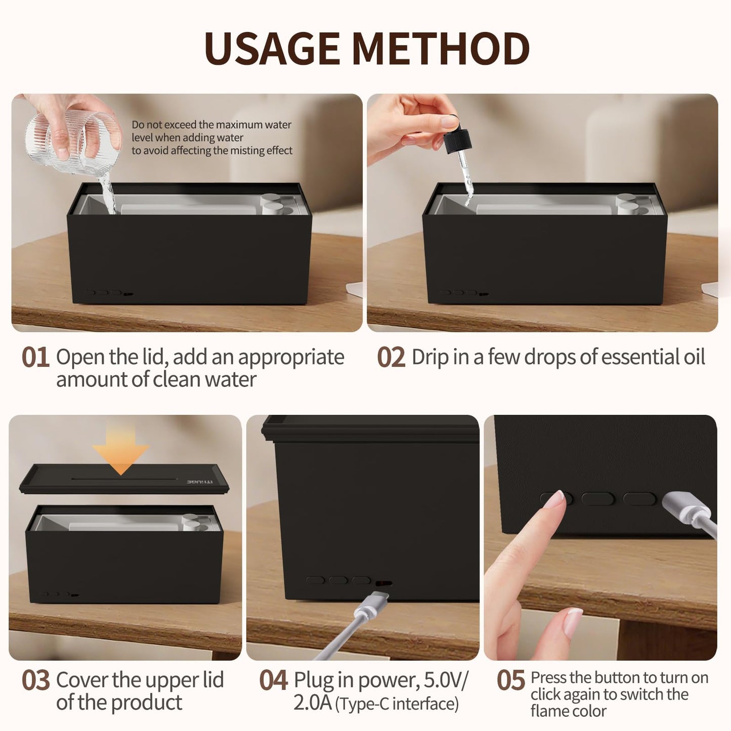 ITHUGE Fireplace Flame Aromatherapy Diffuser - 7 Colors, 280ml, HY-05W