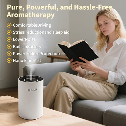 ITHUGE Waterless Essential Oil Diffuser - Portable, Battery-Operated, 20mL Bottle, 3 Mist Levels, 4 Timers
