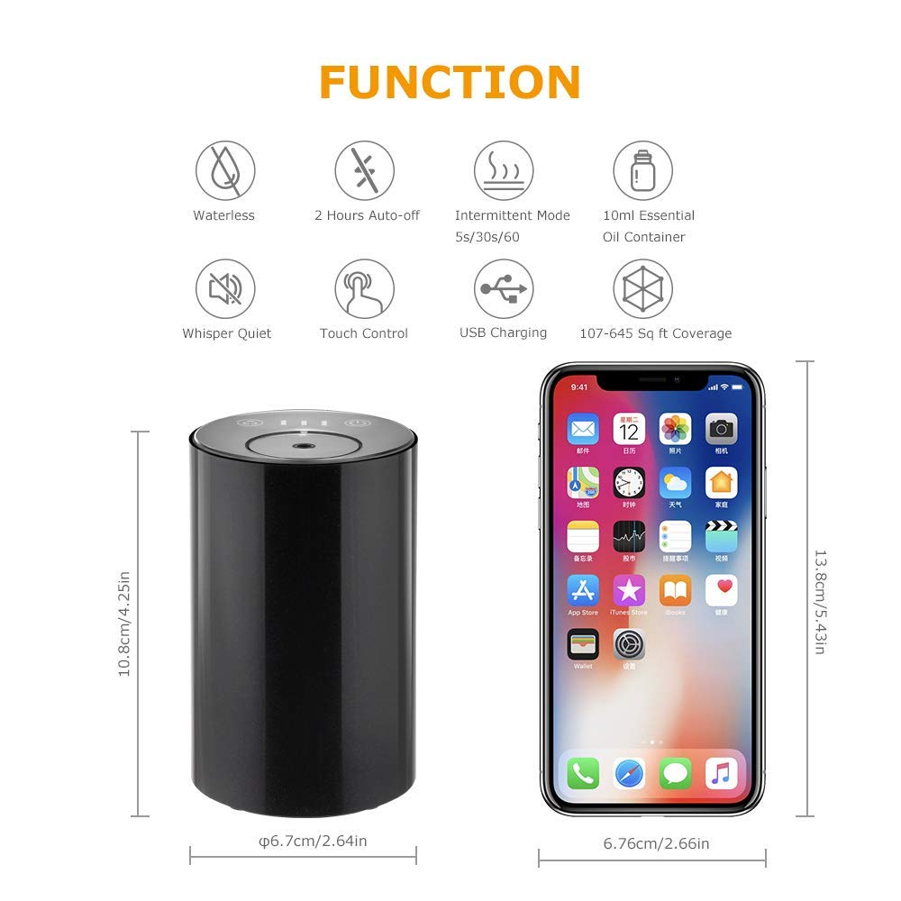 ITHUGE Waterless Essential Oil Diffuser - Portable, Battery-Operated, 20mL Bottle, 3 Mist Levels, 4 Timers