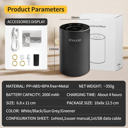 ITHUGE Waterless Essential Oil Diffuser - Portable, Battery-Operated, 20mL Bottle, 3 Mist Levels, 4 Timers