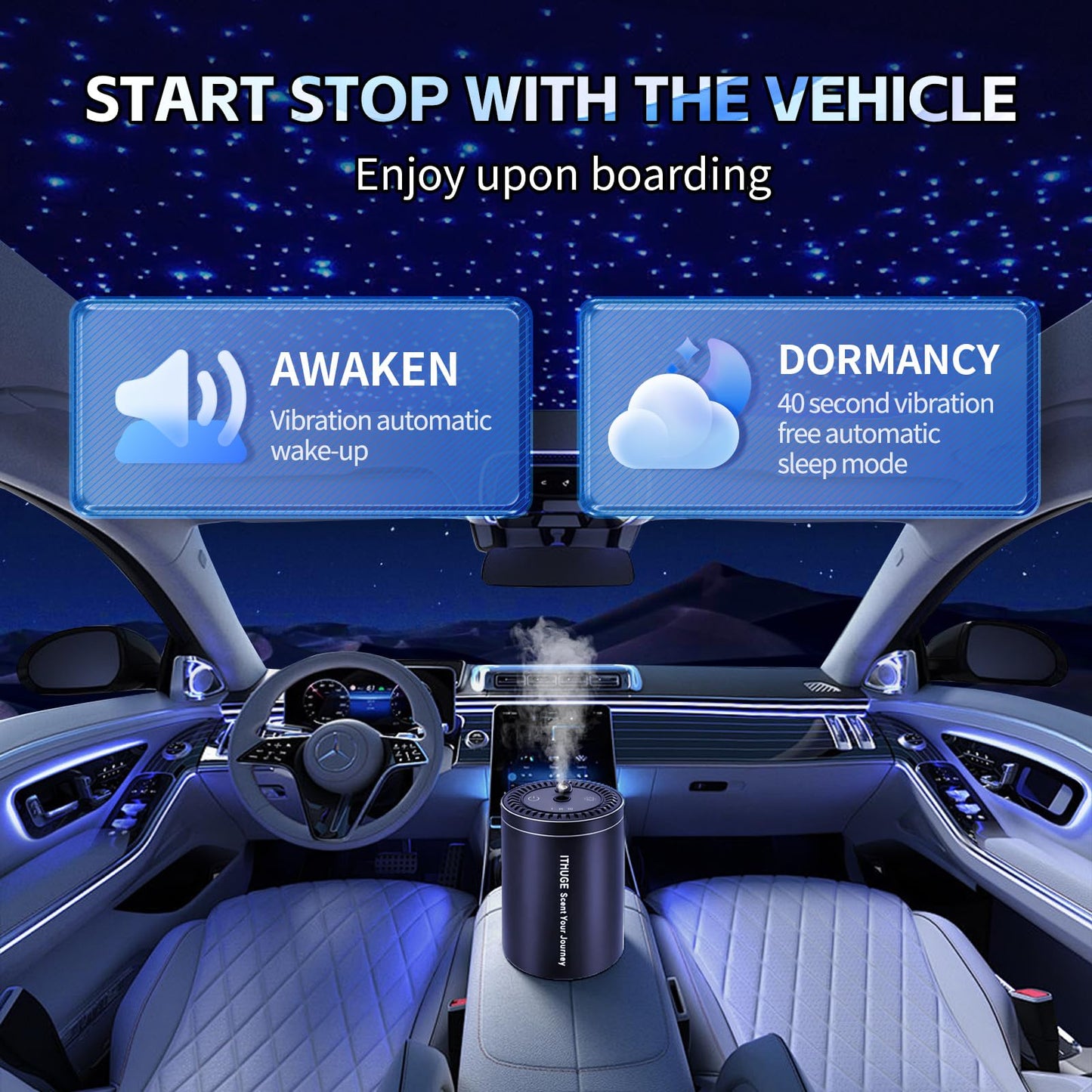 ITHUGE Waterless Smart Car Aroma Diffuser – Starry Sky Projection, 7-Color Ambient Light, Auto On/Off (Black, M308)