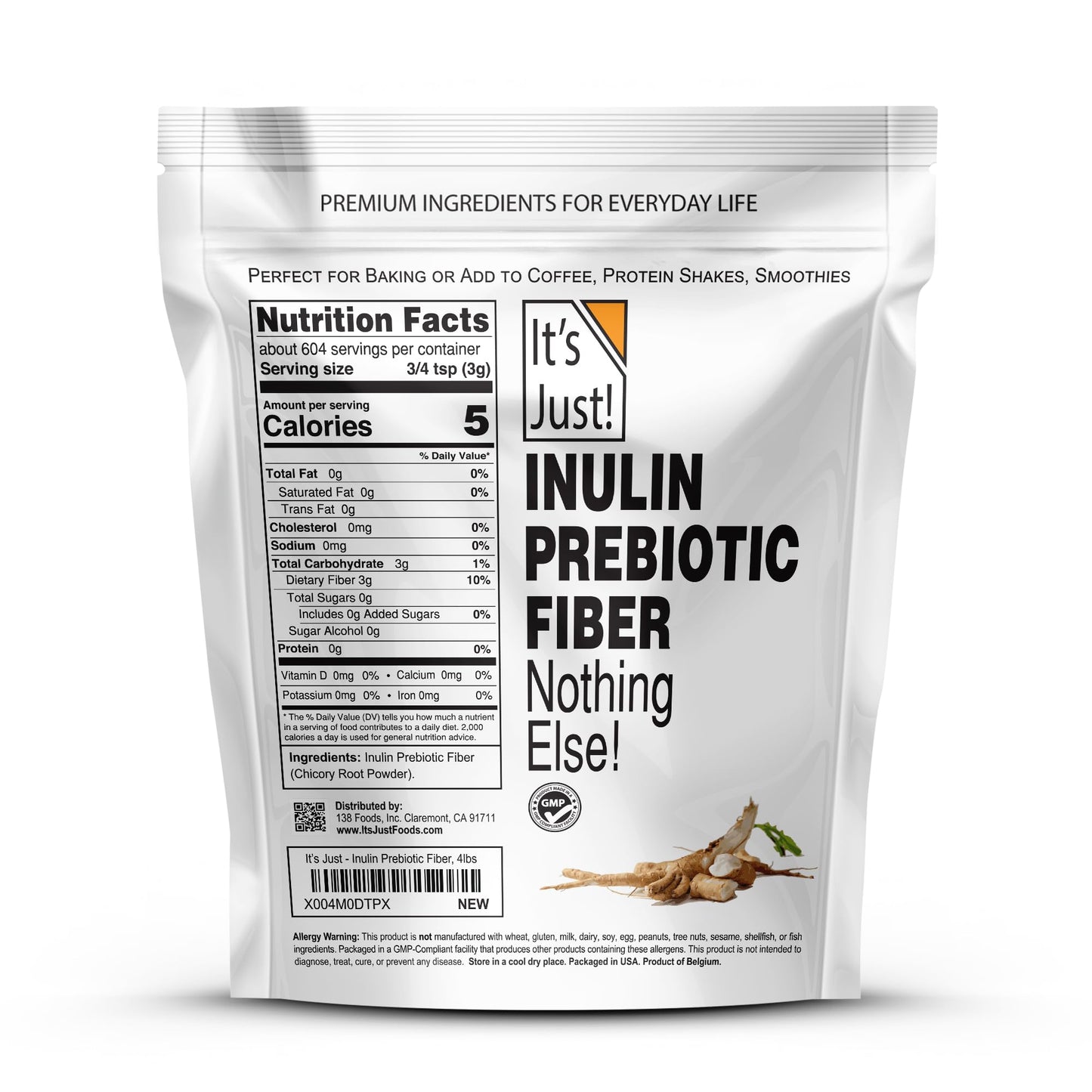It's Just! Inulin Prebiotic Fiber Sweetener — Natural Chicory Root Powder, 4 lb (Belgium Product)