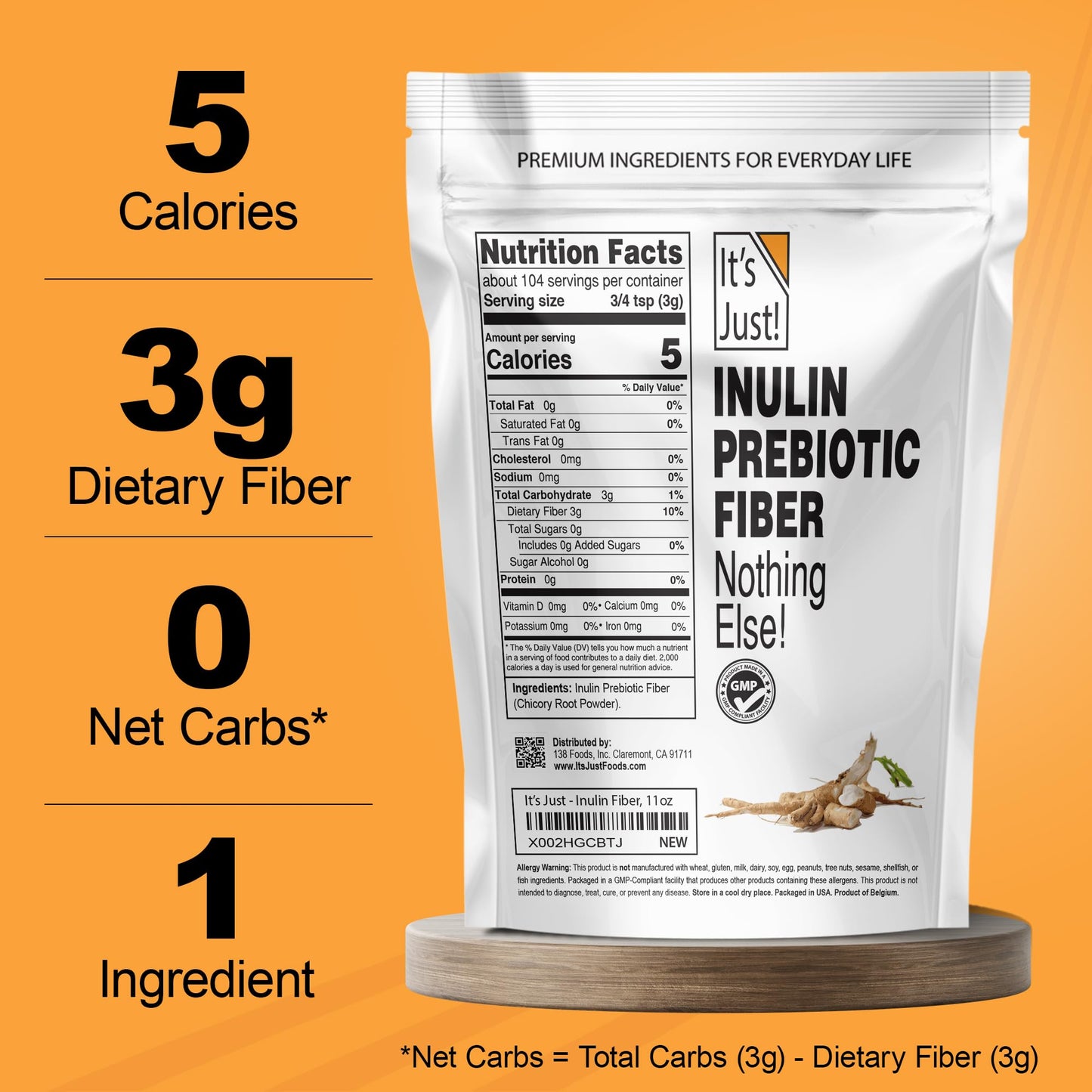 It's Just! Inulin Prebiotic Fiber Sweetener — Natural Chicory Root Powder, 4 lb (Belgium Product)