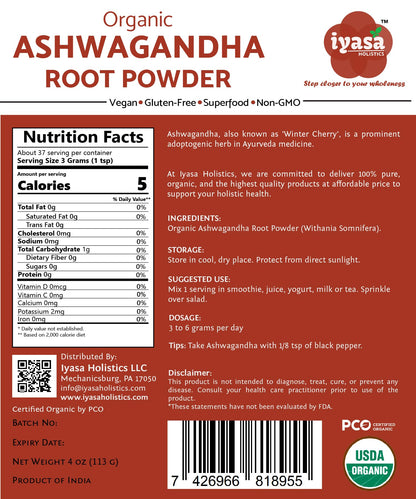 Iyasa Holistics Organic Ashwagandha Powder | Withania Somnifera, Raw Superfood & Workout Supplement