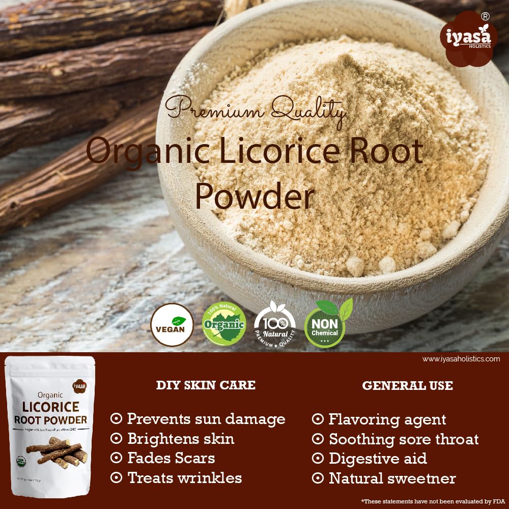Iyasa Holistics Organic Licorice Root Powder – 8 oz / 227 g | Mulethi, Glycyrrhiza glabra, Natural Expectorant & Candy Flavoring