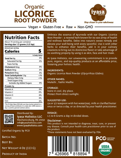 Iyasa Holistics Organic Licorice Root Powder – Mulethi (Glycyrrhiza glabra) 4 oz