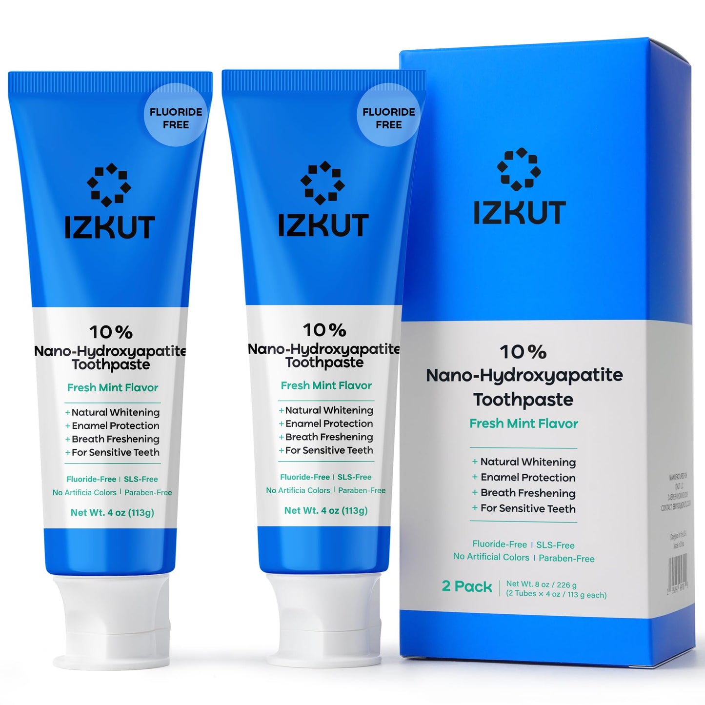 IZKUT 10% Nano Hydroxyapatite Toothpaste – Fluoride Free Whitening for Sensitive Teeth, SLS Free, Fresh Mint, 4 oz Pack of 2