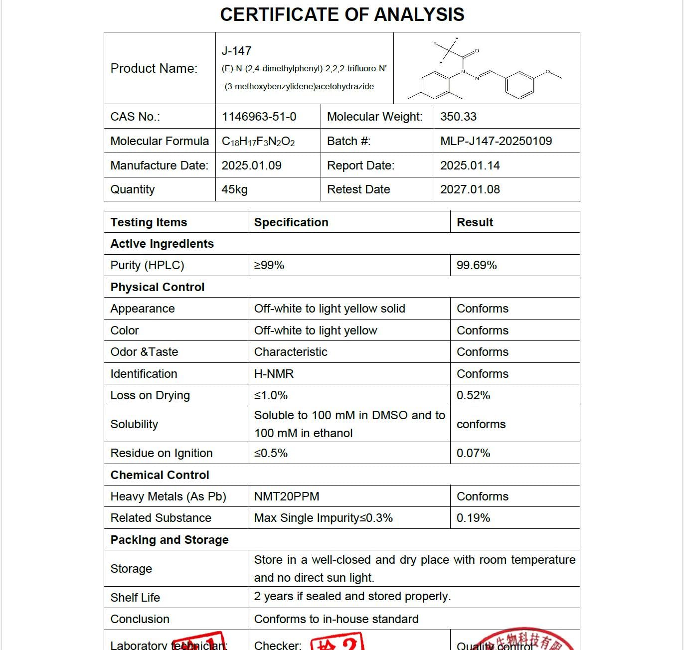 J-147 Nootropic – CAS 1146963-51-0, 99+% Purity, 5 g with 100 mg Scoop
