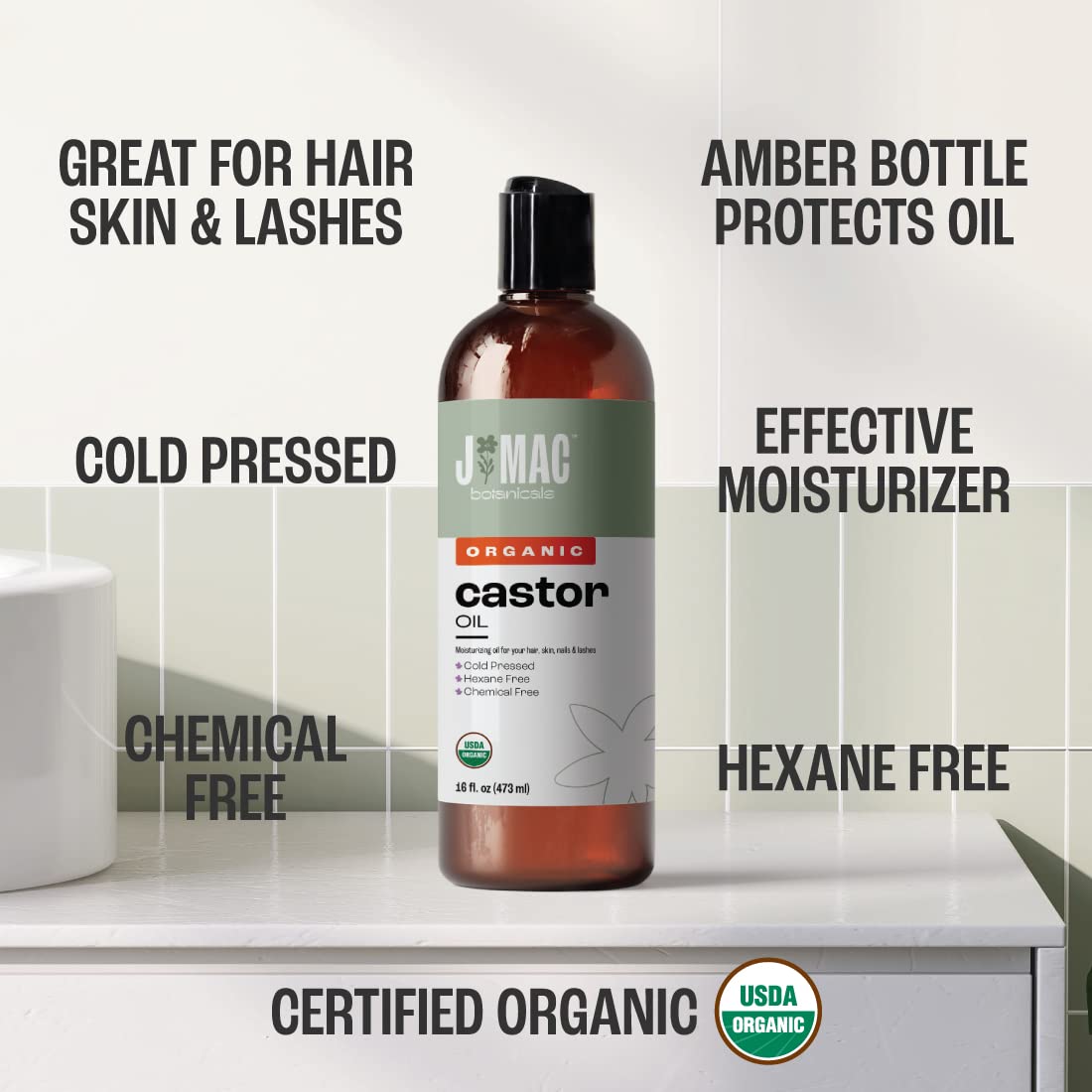 J Mac Botanicals Organic Castor Oil – Cold Pressed, Hexane Free, 32 oz for Face, Skin, Eyelashes