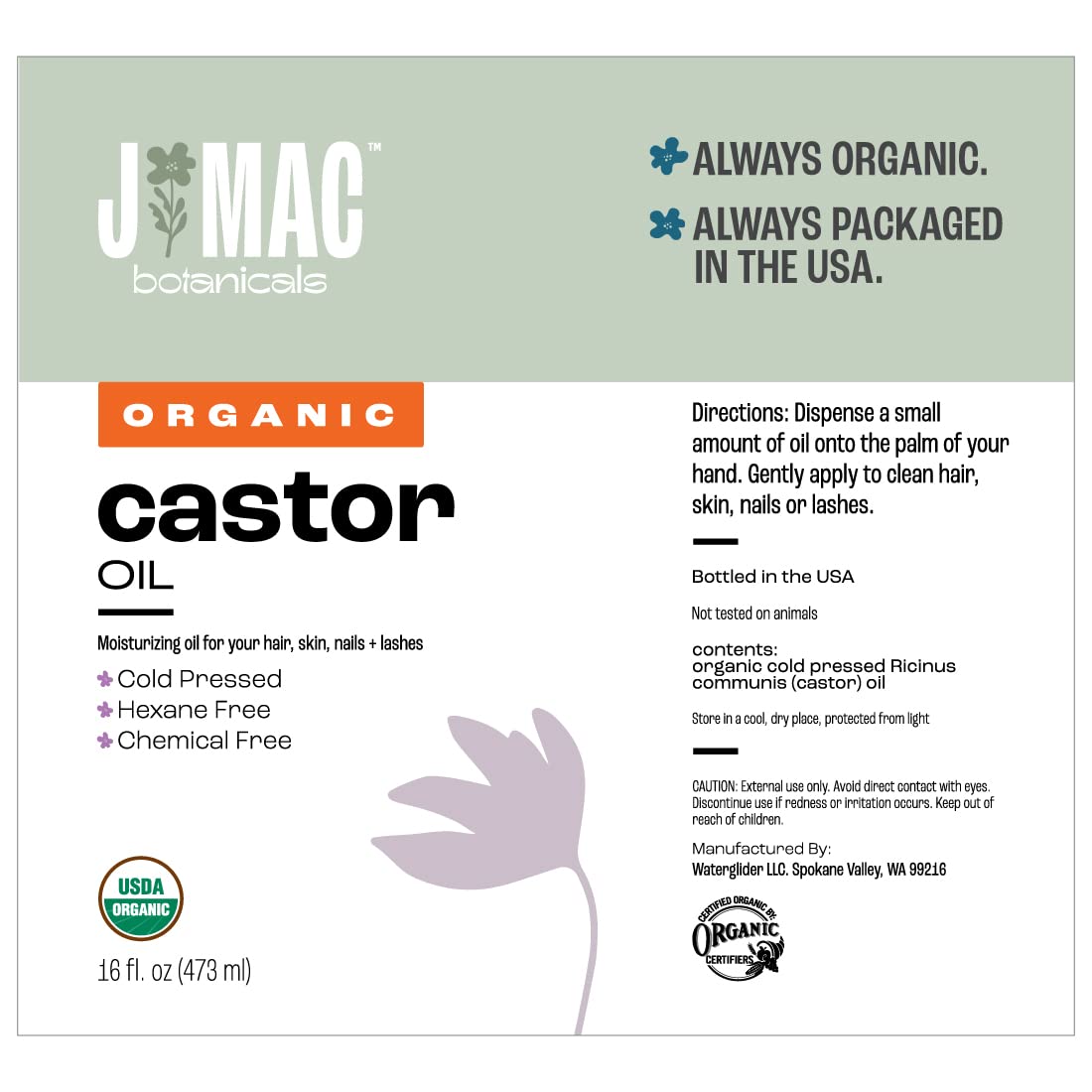 J Mac Botanicals Organic Castor Oil – Cold Pressed, Hexane Free, 32 oz for Face, Skin, Eyelashes