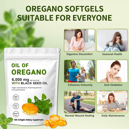 J-PRQ Oil of Oregano Softgels – 300 Count, Organic Oregano Oil + Black Seed Oil (Non-GMO)