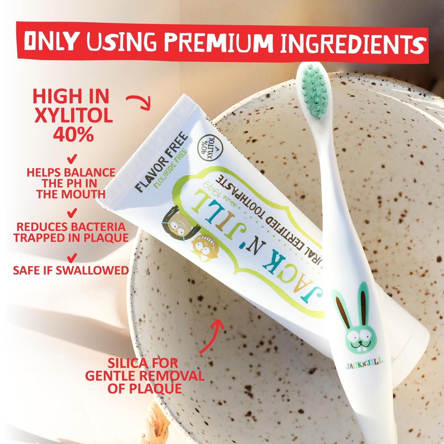 Jack N' Jill Natural Toothpaste for Kids - Fluoride Free, BPA-Free, 40% Xylitol - Flavor Free (1.76 oz x3)