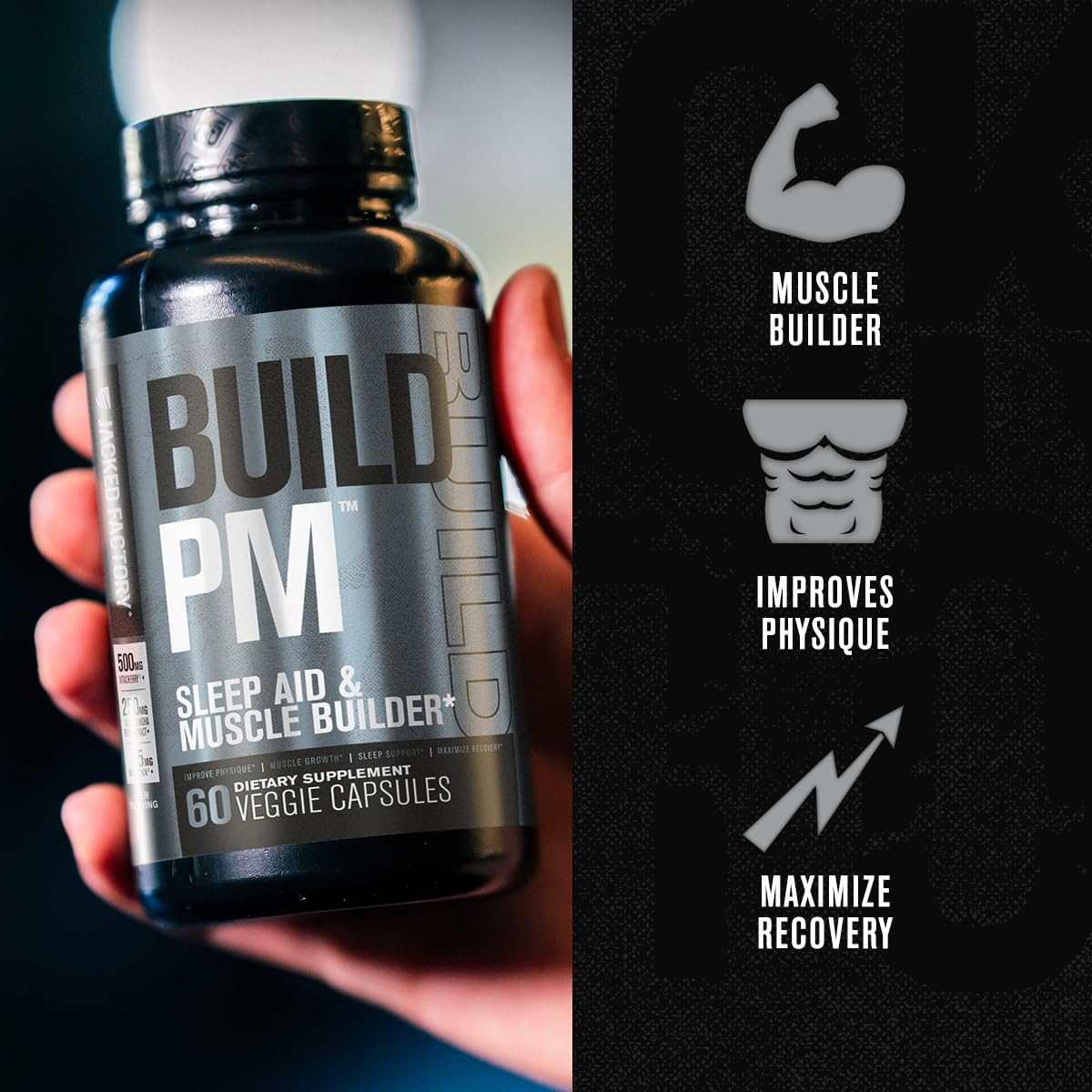 Jacked Factory Build PM Night Time Muscle Builder & Sleep Aid – Tart Cherry, Ashwagandha, Melatonin – 60 Veggie Pills