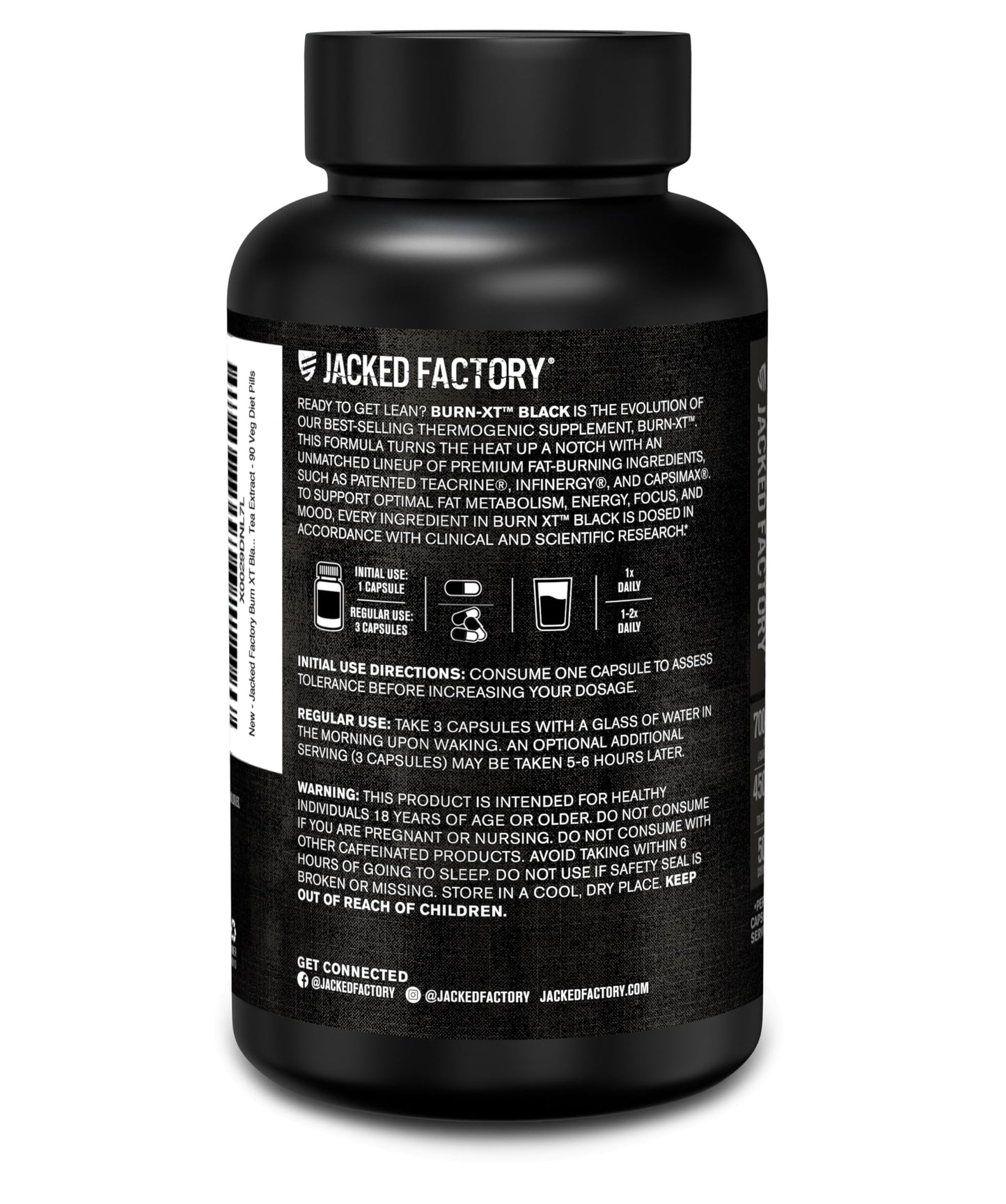 Jacked Factory Burn XT Black Thermogenic Fat Burner – TeaCrine, Infinergy, Green Tea Extract | 90 Veg Diet Pills