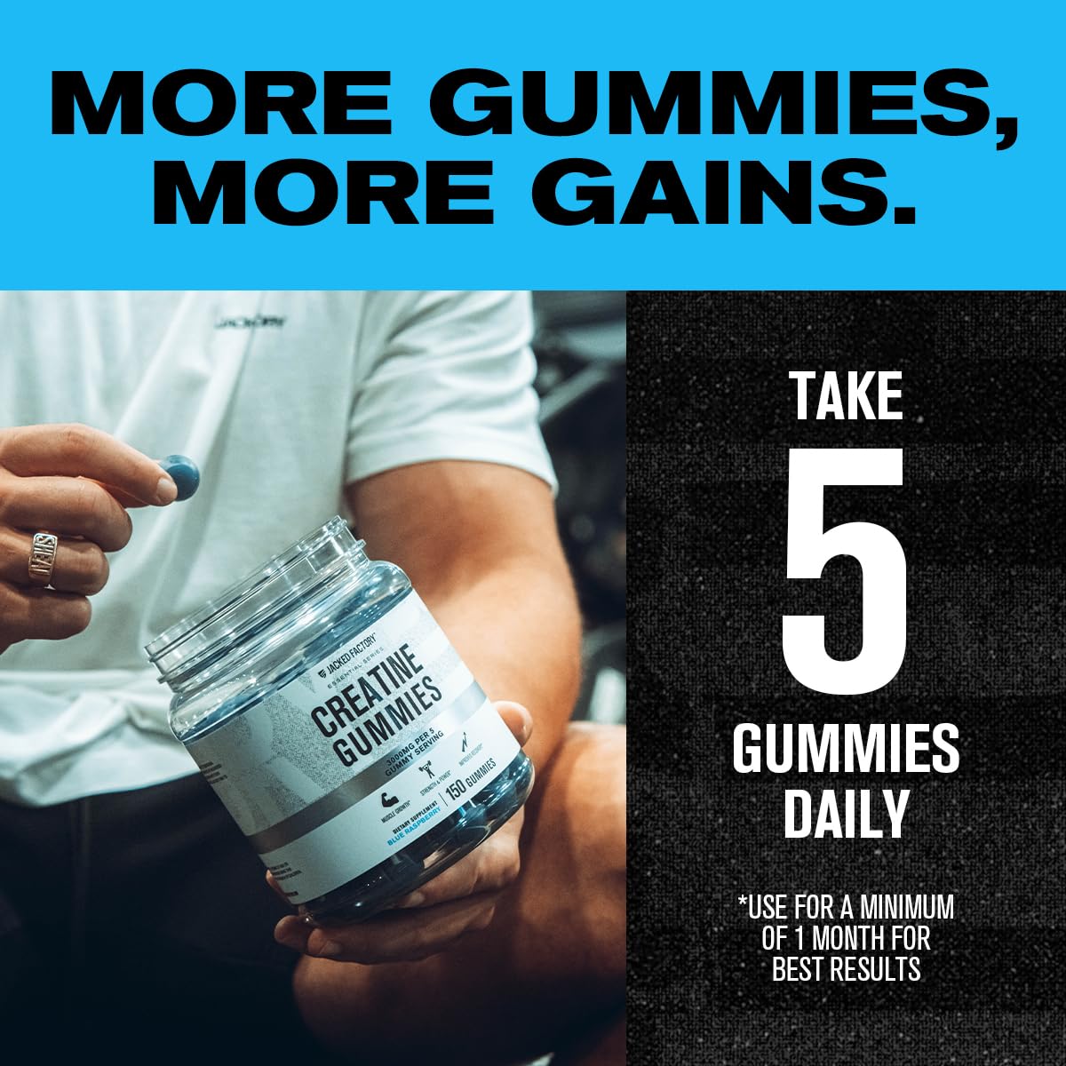 Jacked Factory Creatine Monohydrate Gummies (3g) – 150 Gummies, Blue Raspberry