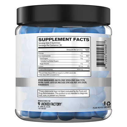 Jacked Factory Creatine Monohydrate Gummies (3g) – 150 Gummies, Blue Raspberry