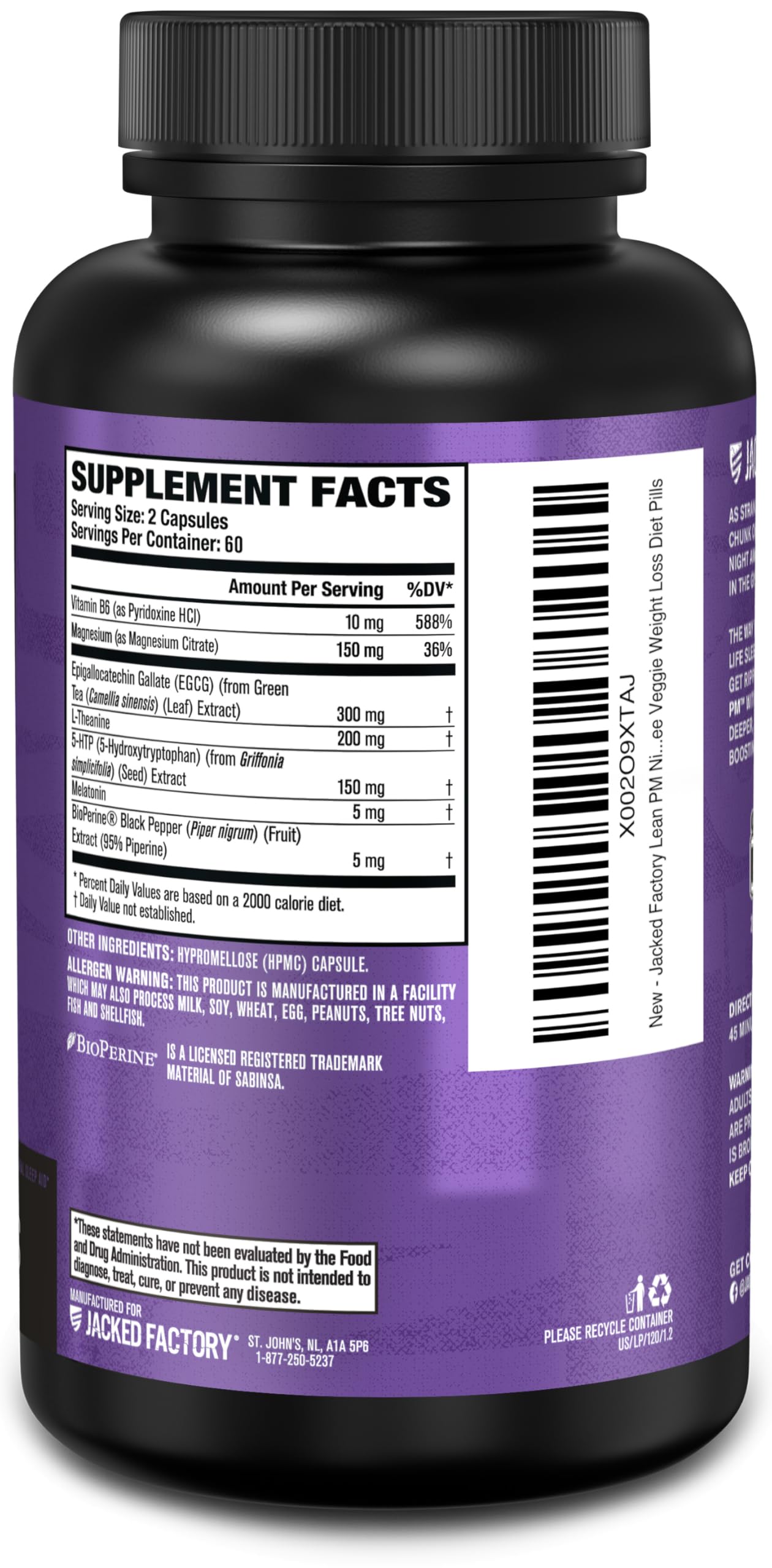 Jacked Factory Lean PM: Nighttime Fat Burner & Sleep Aid (120 Veggie Pills)