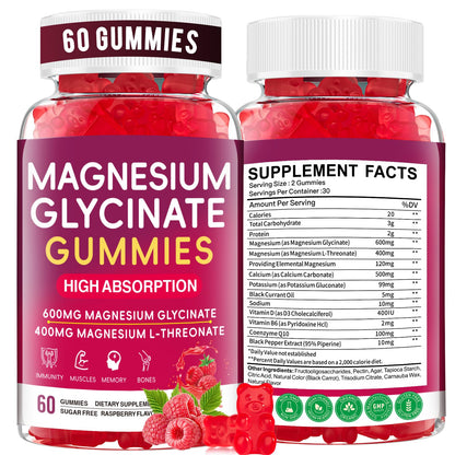 JAENFW Magnesium Glycinate Gummies 600mg – High Absorption, Raspberry, Sugar Free (60 ct)