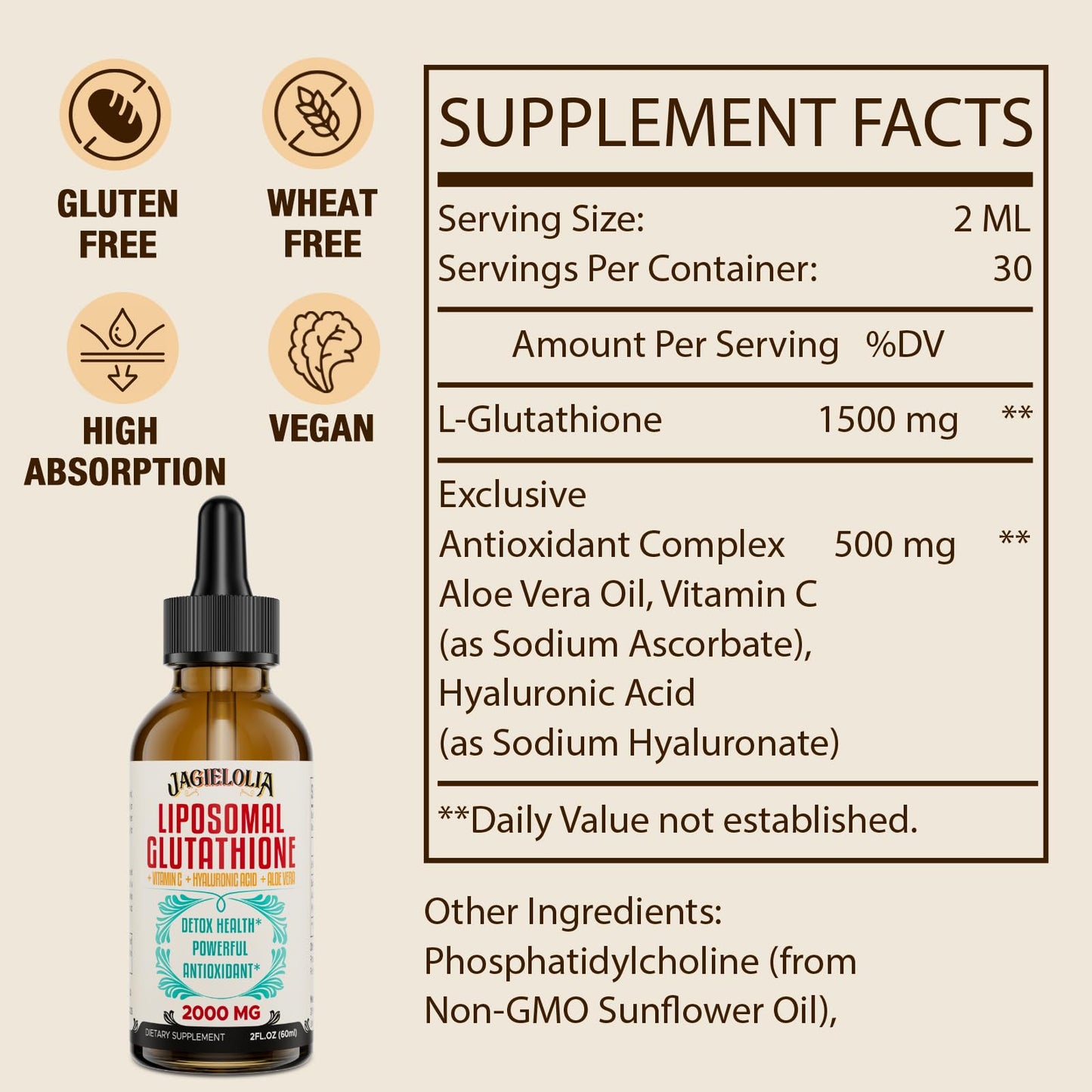 Jagielolia Liposomal Glutathione Liquid 2000mg – Antioxidant Drops for Energy