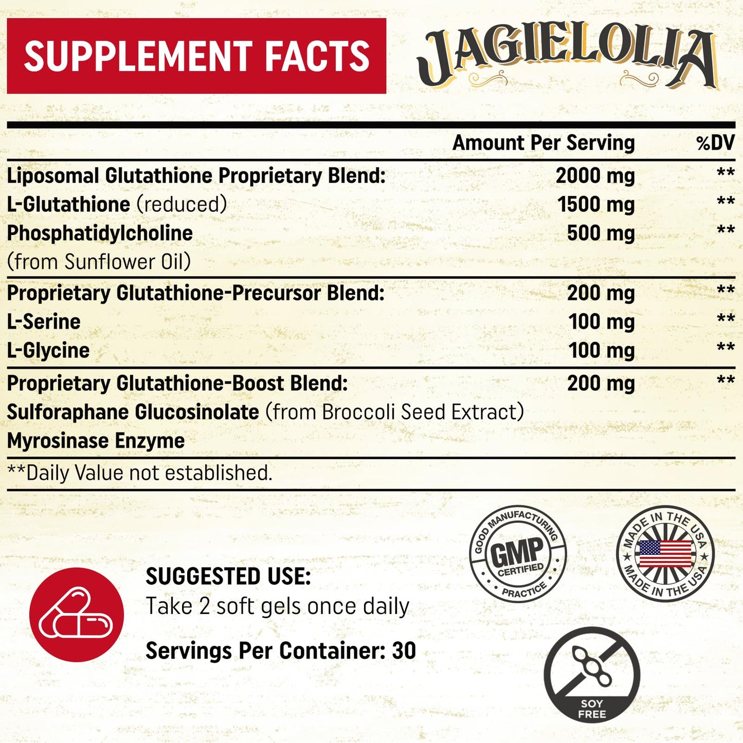 Jagielolia Liposomal Glutathione 2000 mg – L-Serine, L-Glycine & Sulforaphane | 360 Softgels