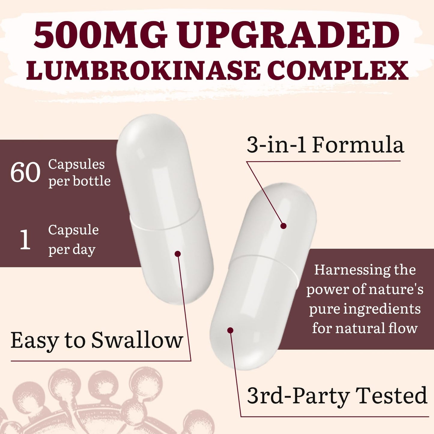 Yasumako Lumbrokinase 100mg + Nattokinase 100mg + Red Yeast Rice 300mg — 600 Capsules (Pack of 10)
