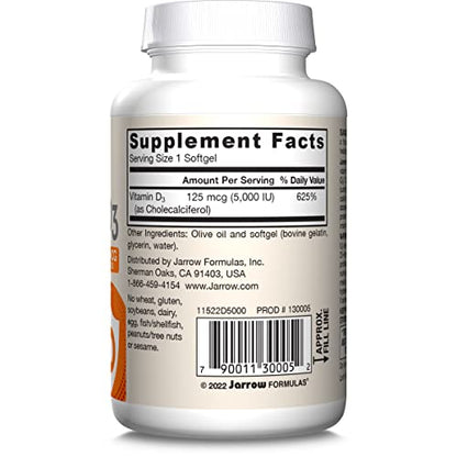 Jarrow Formulas Vitamin D3 5000 IU (125 mcg) – 100 Servings Softgels | Immune & Bone Support | Gluten Free