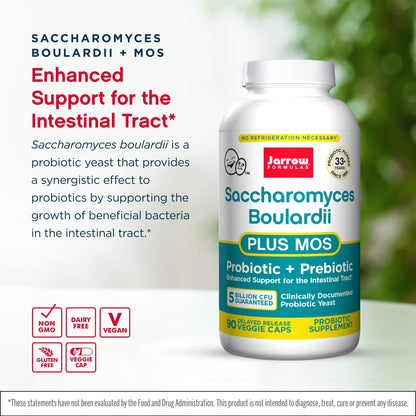 Jarrow Formulas Saccharomyces Boulardii + MOS – 5 Billion CFU per Serving, 90 Delayed-Release Veggie Caps, 2-Pack Probiotic + Prebiotic
