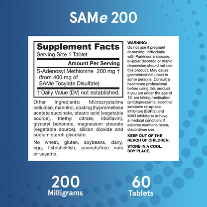 Jarrow SAMe 200 mg – 60 Tablets | Highest Active S,S Form, Joint Health, Mood & Liver Support